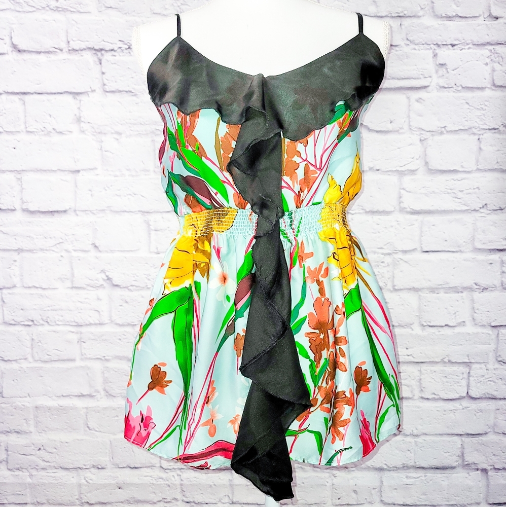 ARDEN B. Tropical Floral Ruffle Tank Top With Elastic Waist